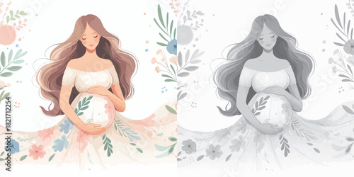 Vector set and shades of gray pregnant women on a white background
