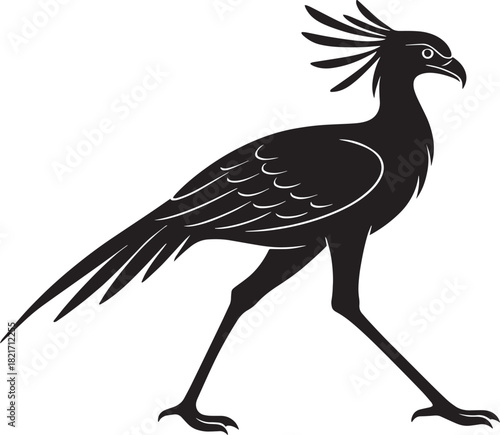 Silhouette of a Secretary Bird Strutting Proudly with Exquisite Detail and a Bold Black Design Perfect for Wildlife Enthusiasts