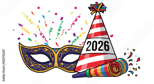 Illustration displaying a mask, party hat for the year twenty twenty six celebration