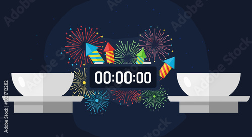 Illustration of two bowls with fireworks and a digital clock displaying zero time