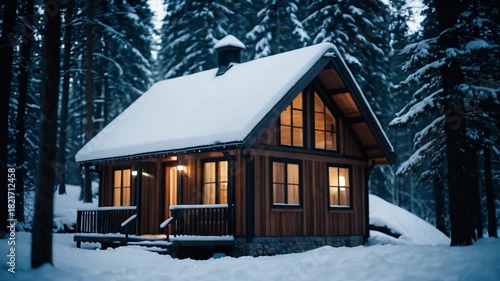 A small cabin amidst a snow-covered forest, ideal for winter scenes or cozy retreats