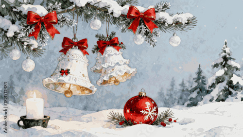 Season's Greetings Christmas Bells in Snow isolated watercolor vector illustration svg