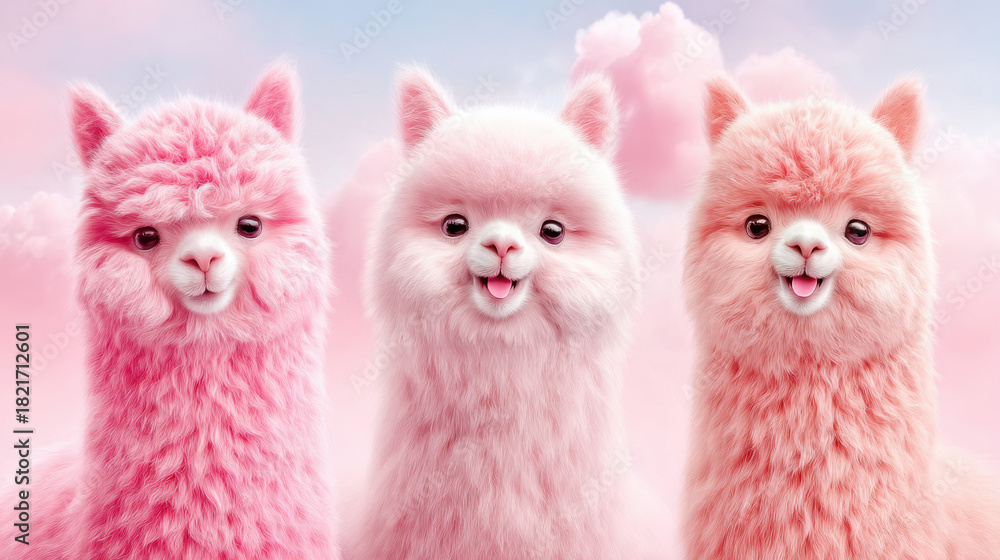 Naklejka premium Drei süße Alpakas in zarten Pastellfarben vor rosafarbener Wolkenkulisse mit fröhlichem Ausdruck