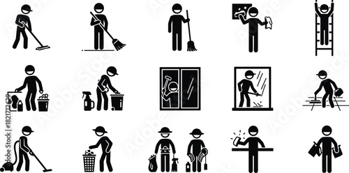 Cleaning Service and Maintenance Worker Glyph Icon Set - Featuring Sweeping, Dusting, Window Washing, Garbage Disposal, Vacuuming, and Housekeeping Activities Vector Pictograms.