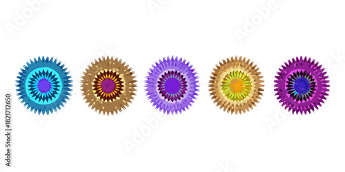 Five colorful spiky starburst shapes on black abstract