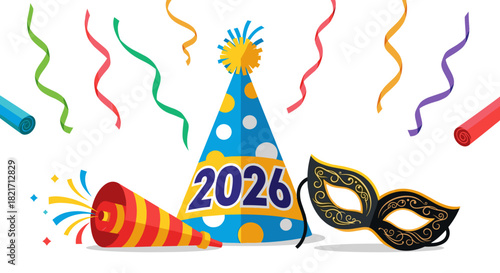 Illustration of party hat, confetti, noisemaker, and mask for new year celebration