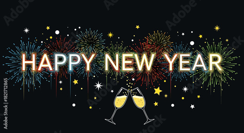 Happy new year text with champagne glasses and colorful fireworks display above