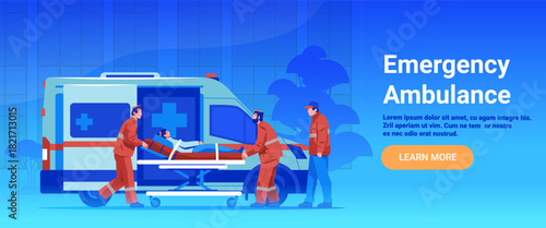 Emergency ambulance paramedics transporting patient on stretcher hospital medical team rescue vehicle blue background website banner