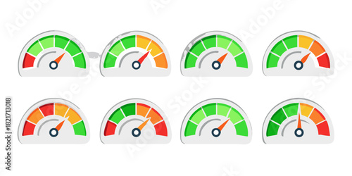Eight Speedometer Gauges with Color Coded Scales level