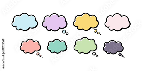 Eight pastel thought bubbles with transparent background