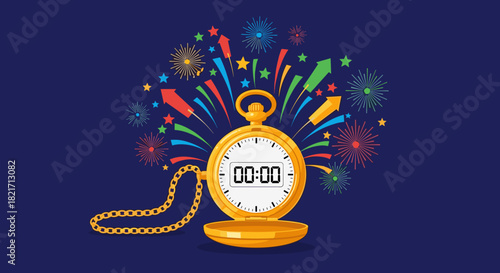 Golden pocket watch displaying zero time surrounded by colorful fireworks display