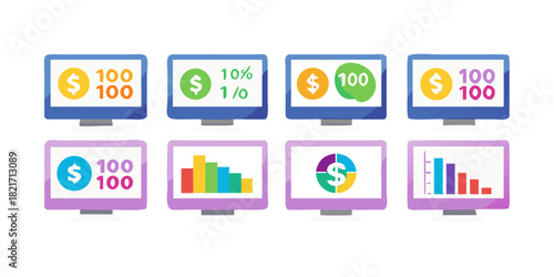 Eight colorful computer screens displaying financial data