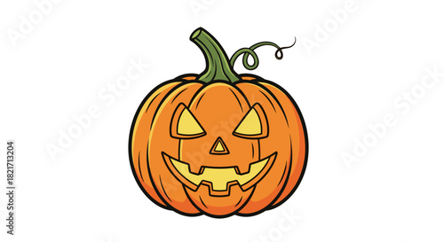 A cheerful, classic orange jack-o'-lantern with glowing carved features and a green stem, ready for Halloween festivities on a white background.