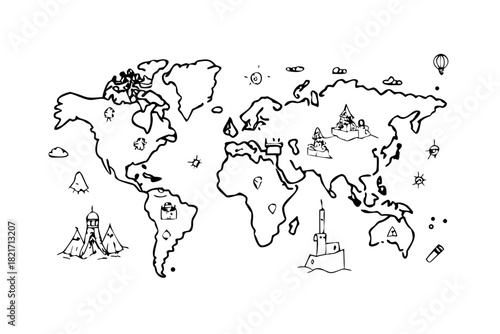 Doodle World Map with Cute Landmarks illustration cartoon