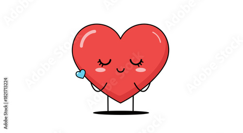 A charming cartoon red heart character with a sweet smile and closed eyes, holding a tiny blue heart, expressing love and happiness.