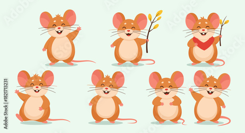 A delightful collection of cute cartoon brown mice in various happy poses, including waving, holding branches, and wearing a scarf.