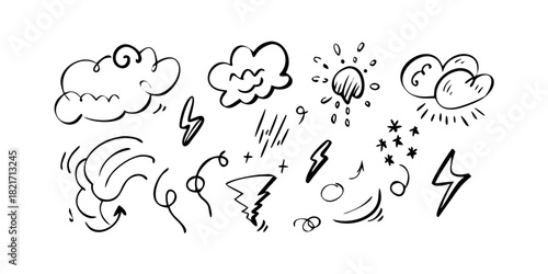 Doodle weather icons and abstract shapes cloud lightning
