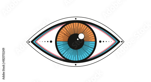 A stylized vector illustration of an eye featuring a split-colored orange and blue iris, a black pupil, and decorative geometric lines.