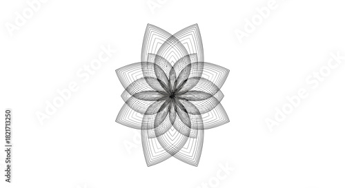 An intricate black and white abstract geometric and floral pattern, created from multiple overlapping lines forming a stylized lotus flower design with radial symmetry.
