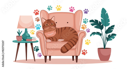 A cheerful tabby cat relaxes in a cozy pink armchair, surrounded by colorful paw prints and home decor elements.