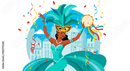 Woman celebrating with a tambourine in a feathered mask and a teal dress
