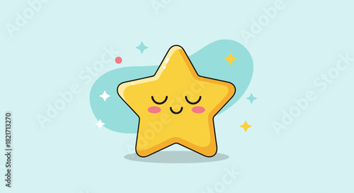 An adorable yellow cartoon star with closed eyes and a gentle smile, surrounded by sparkling elements on a soft blue background.