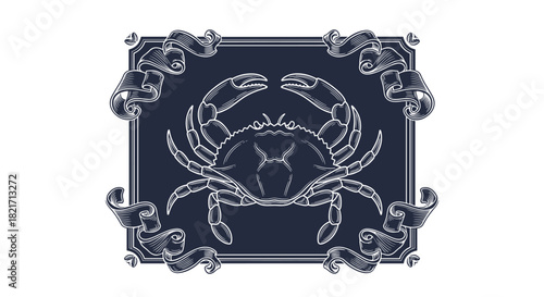 A beautifully detailed engraved illustration of a crab with prominent claws, framed by ornate ribbons on a dark blue background.