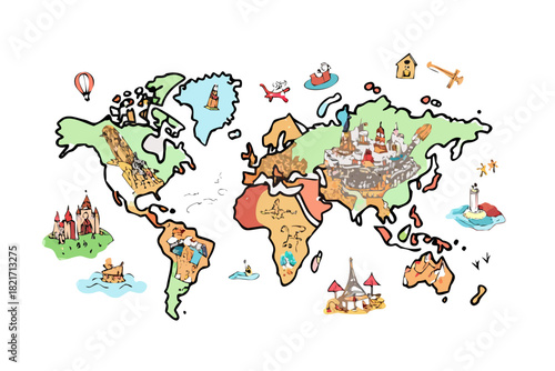 Doodle world map with cute landmarks and animals illustration