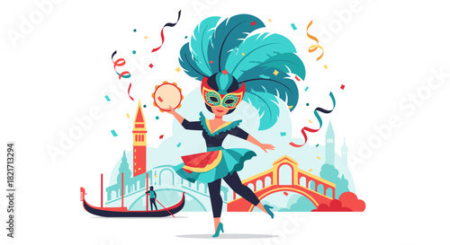 Woman in costume with feathers and mask dancing in venice with tambourine