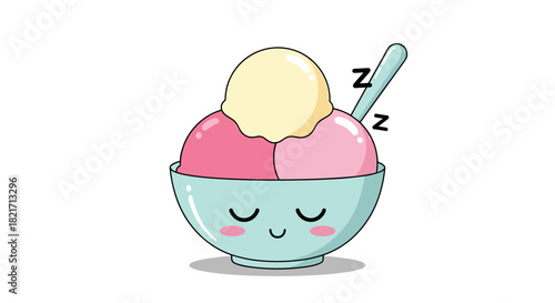 A charming cartoon illustration depicts a sleeping bowl of ice cream with three colorful scoops and a spoon, against a clean white background.