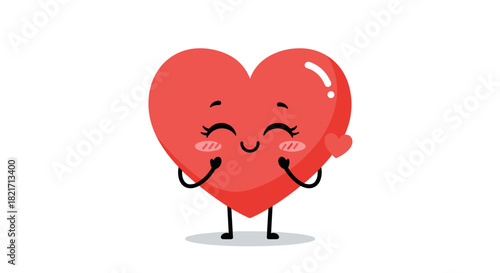 A cute red heart character with a happy, blushing face stands with a smaller heart on its side, exuding joy and affection.