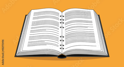 An open spiral-bound book with blank lined pages lies on a vibrant orange background, depicted in a clean, illustrative style.