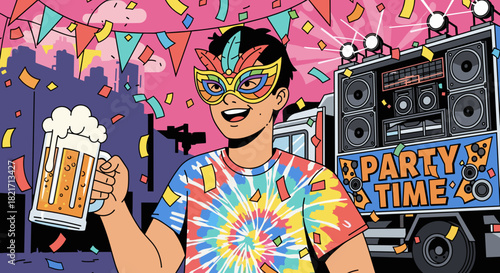 Man in mask holds beer at party with truck and confetti in city celebration