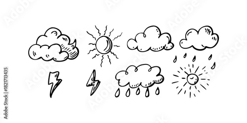 Doodle style sun clouds and rain icons weather 1