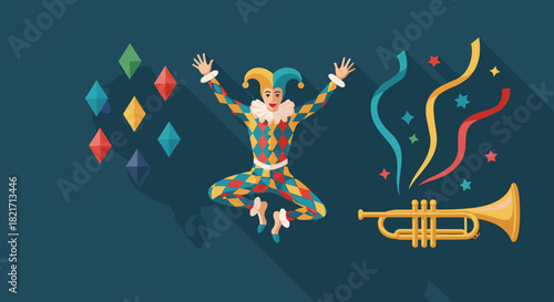 Jester jumping with trumpet confetti and diamonds on a dark teal surface