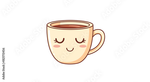 Adorable cartoon coffee cup character with a serene, happy face and rosy cheeks, filled with a warm beverage, isolated on a white background.