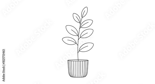 Minimalist line art illustration of a potted houseplant with several leaves, suitable for modern home decor and nature-inspired designs.