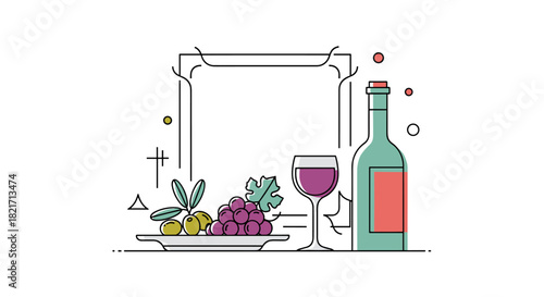 Stylized line art illustration featuring a bottle of wine, a glass of red wine, grapes, and olives, set with a decorative frame.
