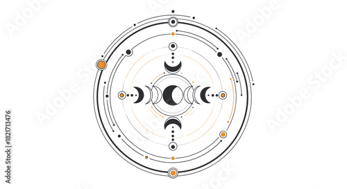 A mystical geometric illustration featuring the phases of the moon within a celestial diagram of concentric circles and dotted lines, rendered in a modern style.