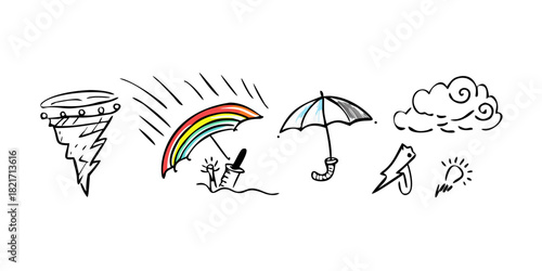 Doodle style rainbow and lightning bolt icons weather
