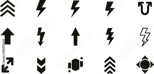 Set of black vector icons arrows lightning and abstract shapes