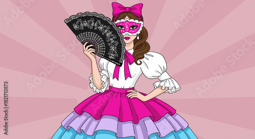 Illustration of a woman with a fan and mask against a pink radial pattern