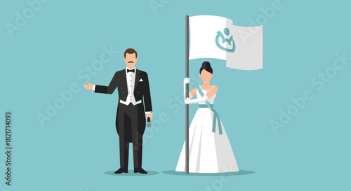 Man in tuxedo and woman in gown holding flag on a light blue surface area