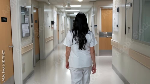 caregiver advances through hospital hall, medical professional moves steadily along corridor, dedicated female nurse navigates bright hospital hallway with purpose and professionalism