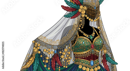 Ornate mannequin adorned with jeweled headdress and flowing feathered garment