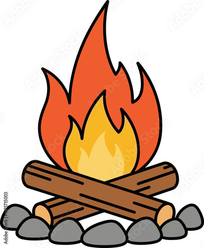 Cozy Campfire Illustration: A Cartoon Bonfire with Flames, Logs, and Stones on Black Backdrop