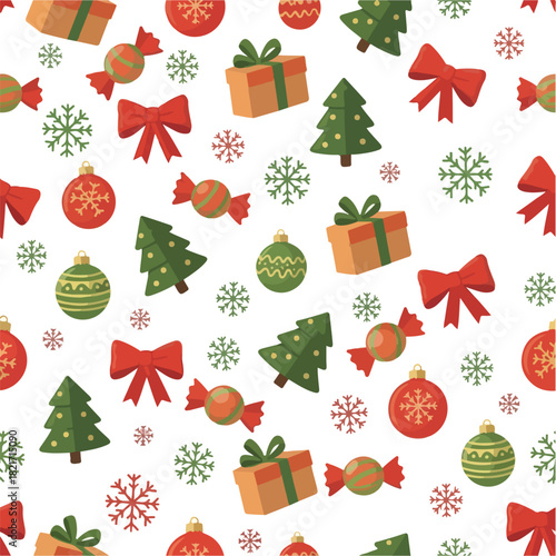 Festive Christmas Seamless Pattern: A vibrant seamless pattern featuring an array of holiday elements, from gift boxes and ornaments to festive candies and Christmas tree.