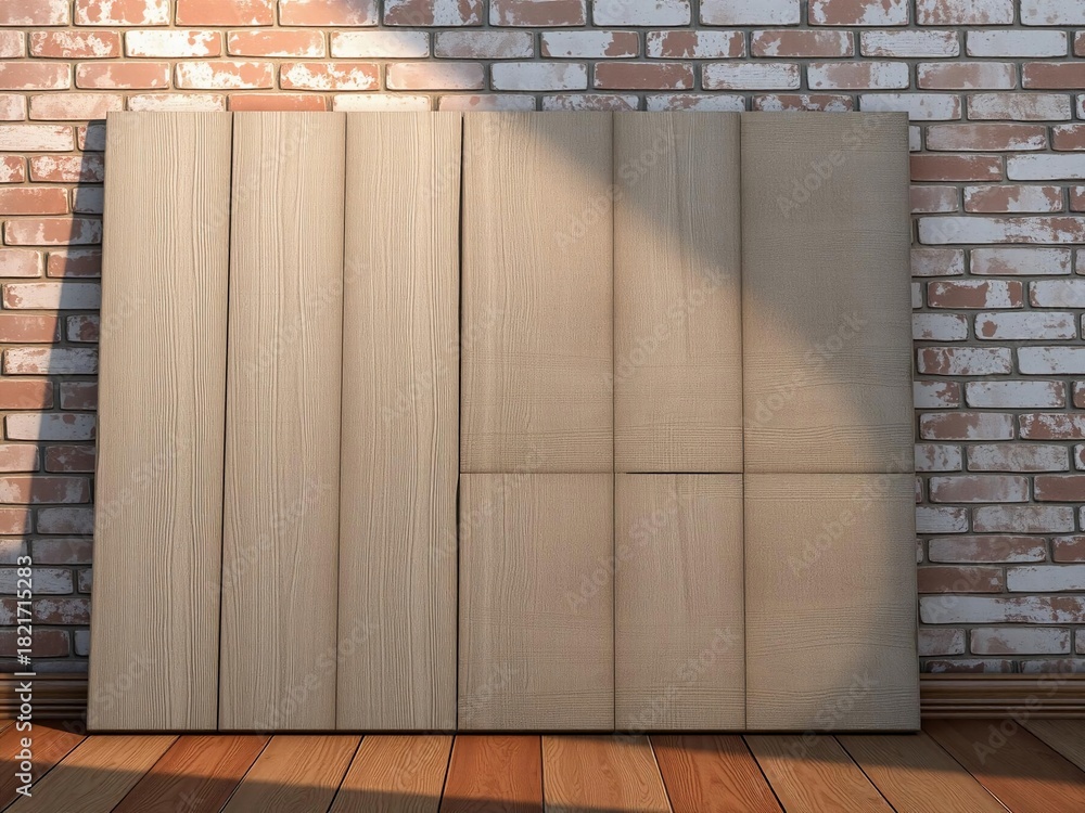 Obraz premium Rustic Wooden Panels Against Aged Brick Interior Setting