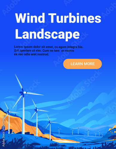 Wind turbines landscape renewable energy wind farm hills blue sky modern web banner template