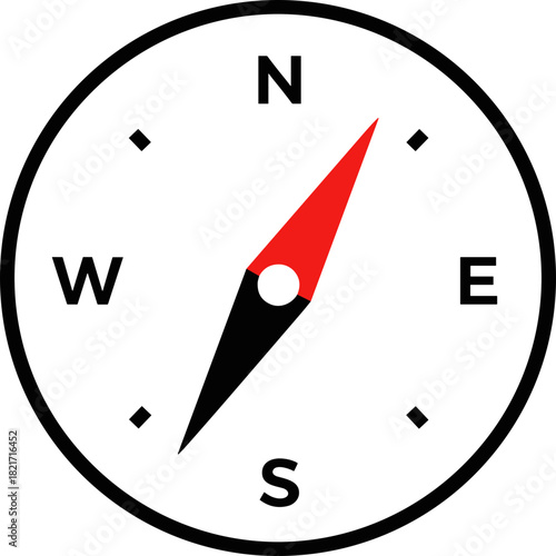 Navigational compass with clear directional markings emphasizing north direction with red color